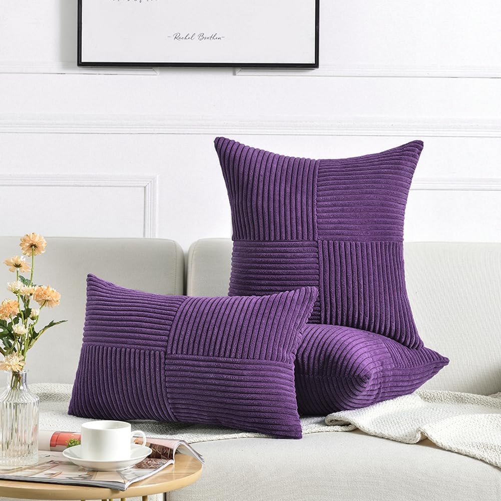 Fancy Homi 2 Packs Purple Lumbar Decorative Throw Pillow Covers 12x20 Inch for Living Room Couch Bed, Farmhouse Boho Home Decor, Soft Striped Corduroy Rectangle Accent Cushion Case 30x50 cm