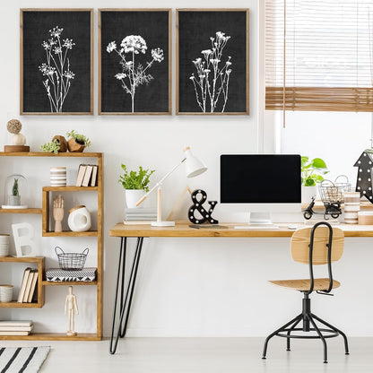 Flower Plant Wall Art Decor 24"x16" Set of 3 Black And White Botanical Painting Wood Framed For Minimalist Bedroom Office Rustic Living Room Abstract Wildflower Sign Hanging (Wood Black)