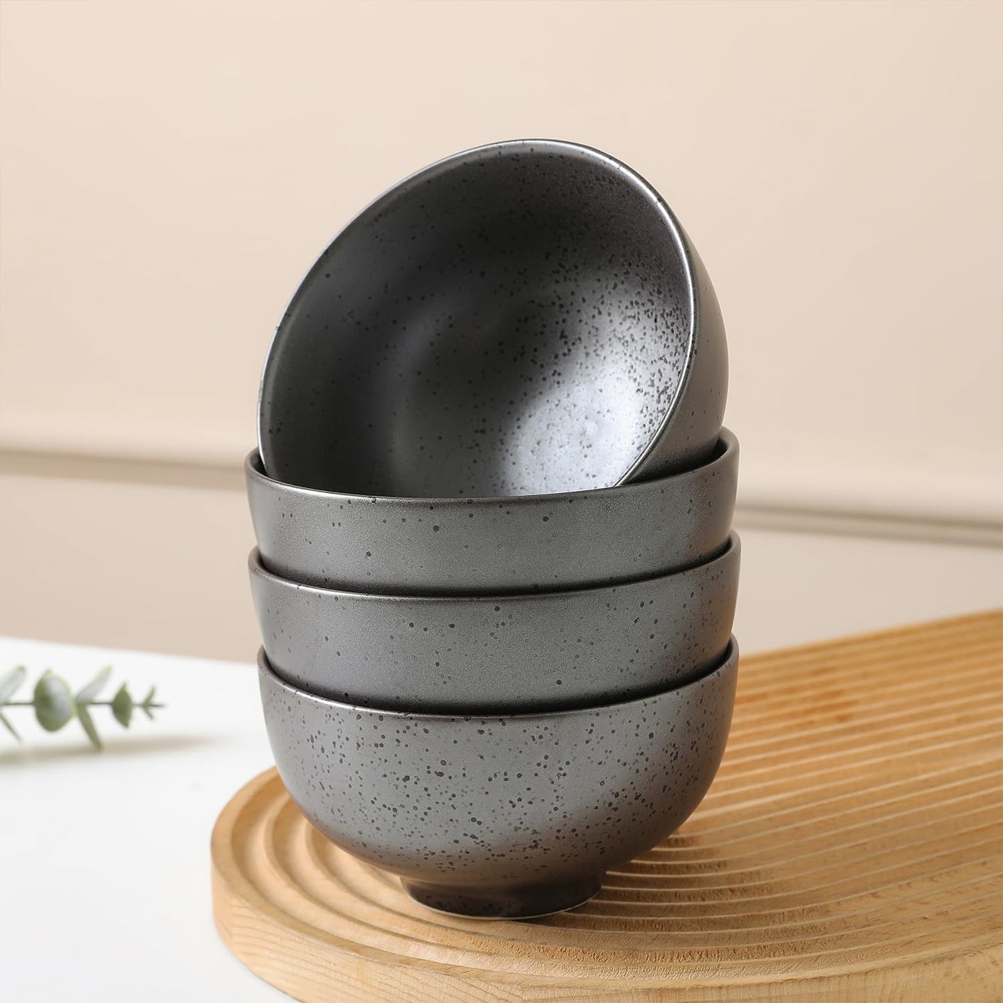 Stone lain Valencia Porcelain 8-Piece Round Bowl and Spoon Serving Set, Metallic Grey