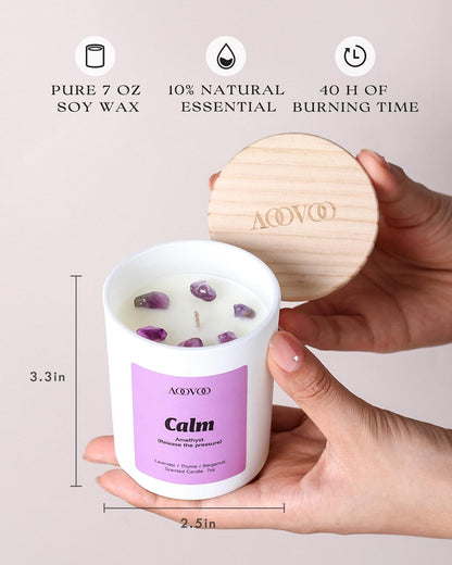 AOOVOO Calm Candles Set for Women - 4 Pack Candles for Home Scented, 28 oz 200 Hour Burn, Aromatherapy Candle with Crystals, Lavender Calm/Jasmine Serenity/Water Lily Pear Harmony/Patchouli Balance