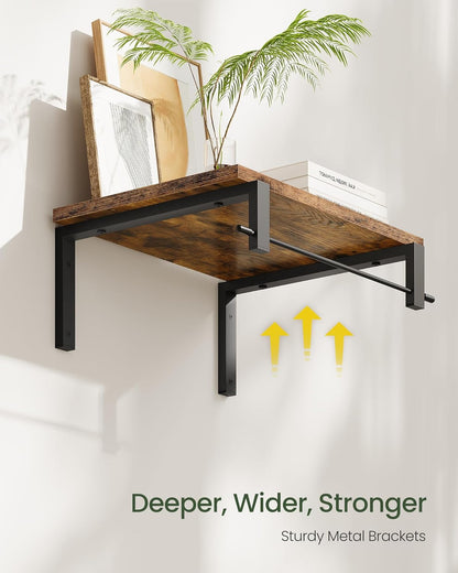 Deep Floating Shelves for Wall, 12 inch Wall Mounted Shelves Set of 2, Wide Floating Shelves for Living Room, Bedroom, Study, Bathroom, Rustic Brown and Black TBJ02P2BF