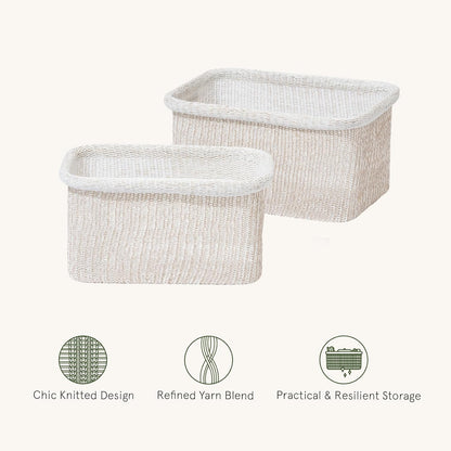 La Jolie Maison Blended Fabric Storage Baskets Set of 2, Rectangle Knitted Baskets for Organizing, Boho Decorative Baskets, Durable Finish, Oatmeal