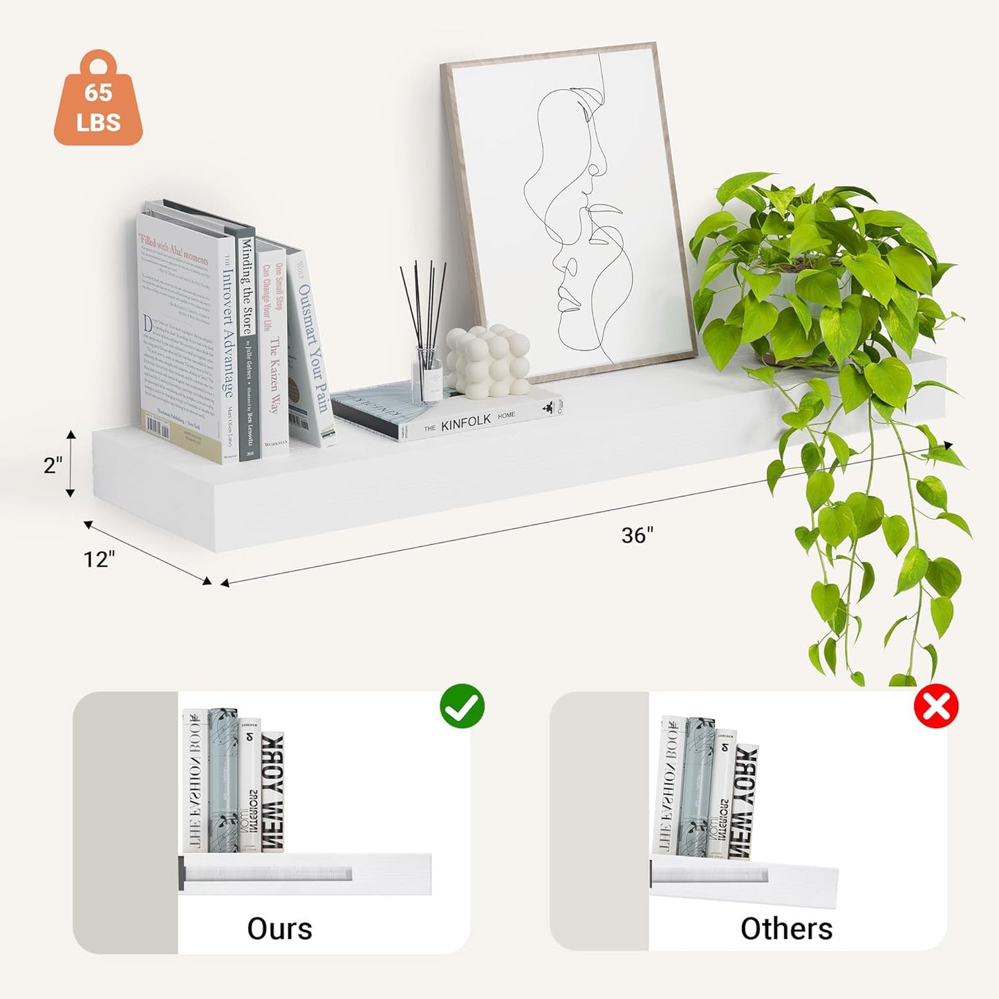 Heimlove 12" Deep Floating Shelves, 36 x 12 Inch Wall Mounted Long Floating Shelf with Invisible Brackets, for Home Decor, Bedroom, Kitchen, Living Room, Bathroom - 1 Pack, White