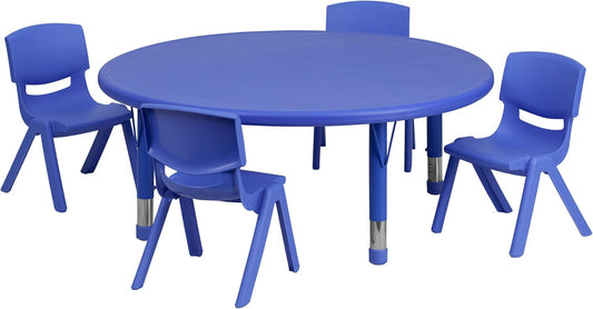 EMMA + OLIVER 45" Round Blue Plastic Adjustable Activity Table Set-4 Chairs