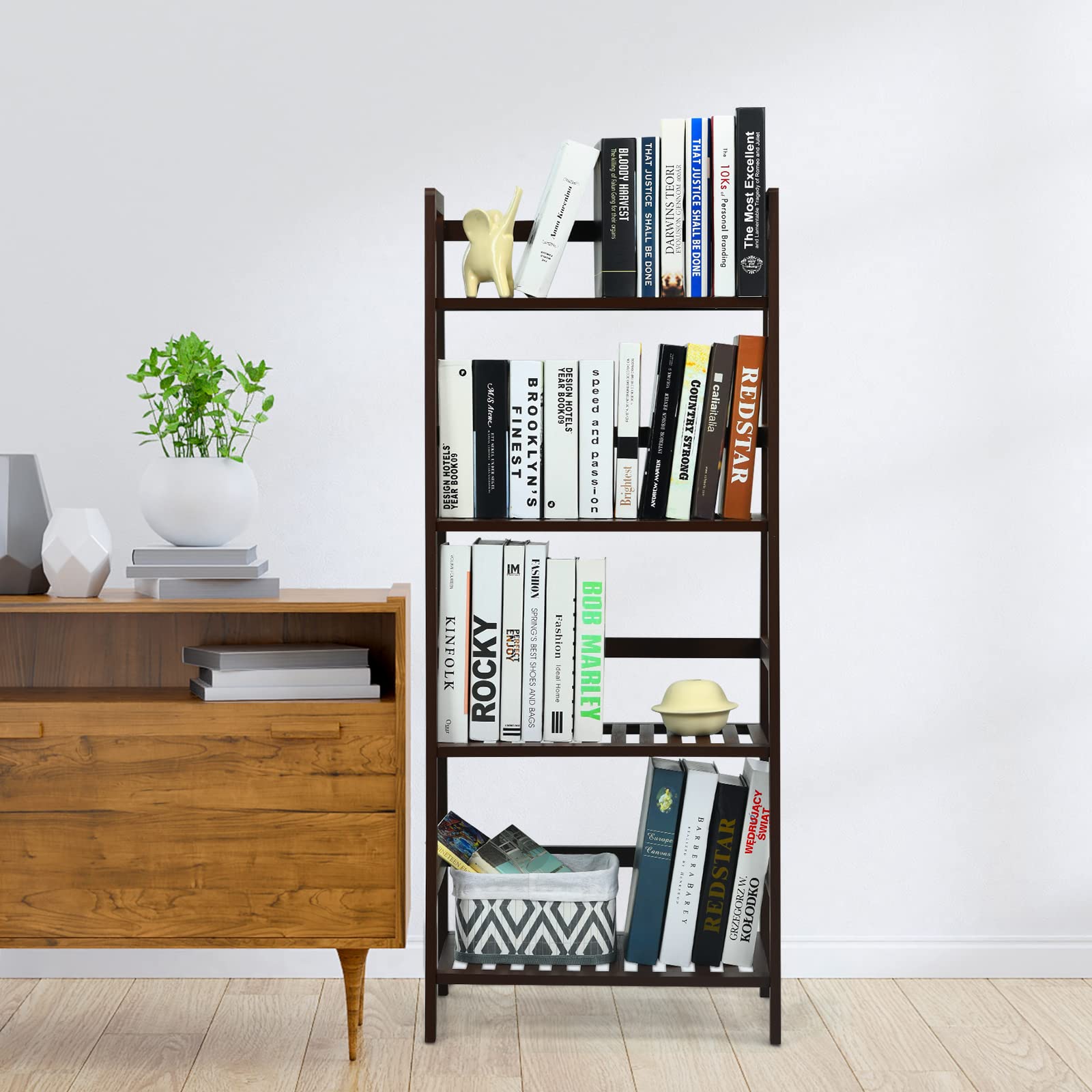 COSTWAY 4-Tier Ladder Shelf, Bamboo Plant Stand Rack, Freestanding Bookshelf, Multifunctional