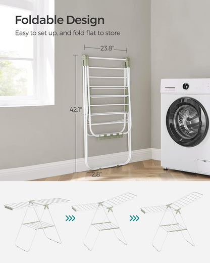 SONGMICS Clothes Drying Rack, with Sock Clips, Metal Laundry Rack, Foldable, Space-Saving, Free-Standing Airer, with 2 Height-Adjustable Gullwings, Indoor Outdoor Use, White and Green ULLR052C01