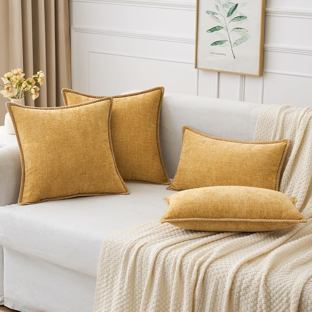 MIULEE Pack of 2 Couch Throw Pillow Covers 12x20 Inch Gold Farmhouse Decorative Pillow Covers with Stitched Edge Soft Chenille Solid Dyed Fall Pillow Covers for Sofa Bed Living Room