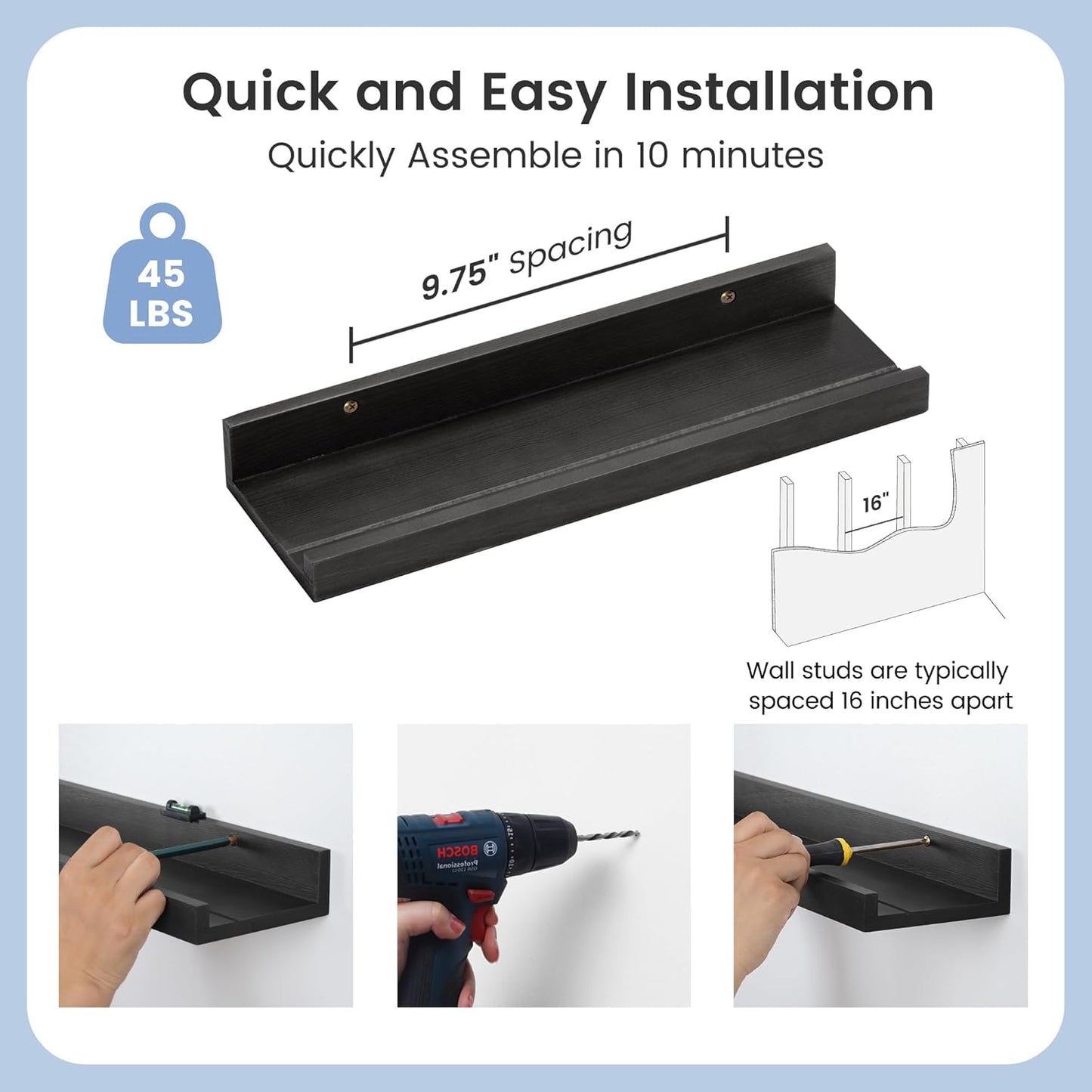 Picture Ledge Wall Shelves - 16 Inch Width Set of 3, Solid Pine Wood Rustic Floating Ledge Shelves for Kids' Room, Bedroom, Kitchen, Bathroom, Living Room, Nursery Display Decor, Black