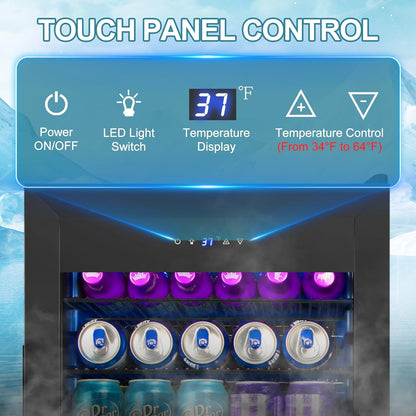 Beverage Refrigerator Cooler, 128 Cans 3.2 Cu.Ft Mini Fridge Glass Door for Drink Beer Soda Wine, Small Fridge with 4 Adjustable Removable Shelves for Kitchen, Bedroom, Office, Bar, Gaming Room, Black