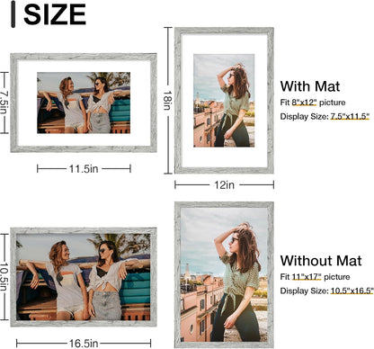 Vittanly 11x17 Picture Frames Set of 9, Shatter Resistant Plexiglass, Display 8x12 Pictures with Mat or 11x17 without Mat, Photo Frames for Wall Mount, Engineered Wood, Grey