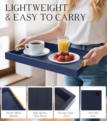 Coffee Table Tray - Large Ottoman Tray for Living Room - Wood Serving Tray with Handles(2 Sets) - Wooden Trays for Coffee Tables, 4 Round Coasters Included, Deep Blue
