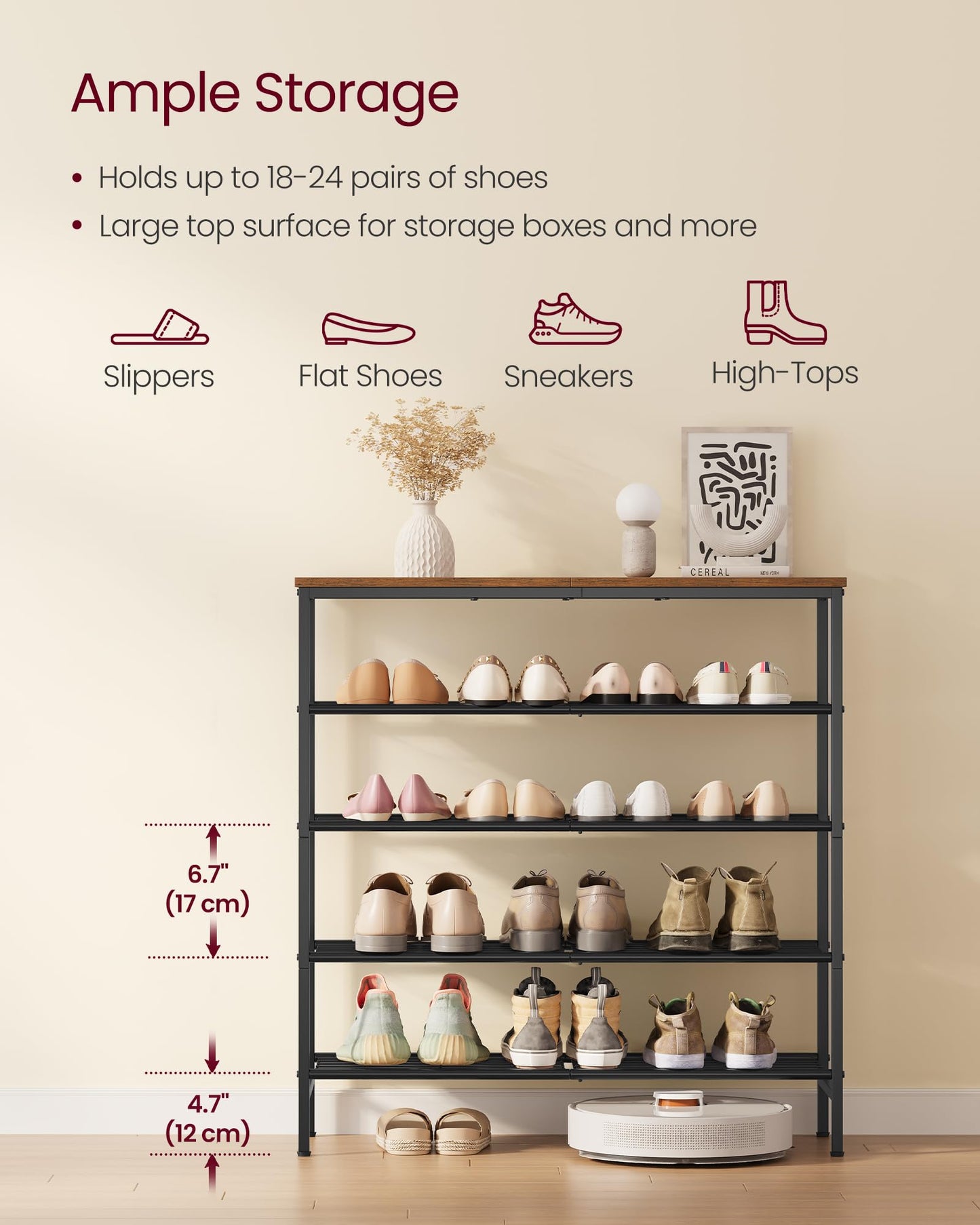 VASAGLE Shoe Rack, Shoe Storage Rack for Closet, Entryway, Living Room, Free Standing Metal