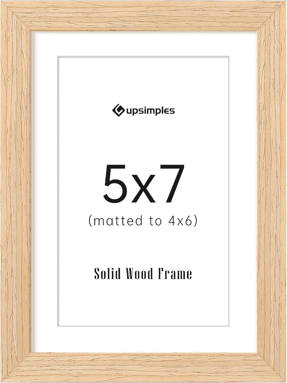upsimples 5x7 Picture Frame, Natural Solid Wooden Picture Frames, Display 4x6 with Mat or 5 x 7 Without Mat, Wall or Tabletop, 1 Pack, Natural