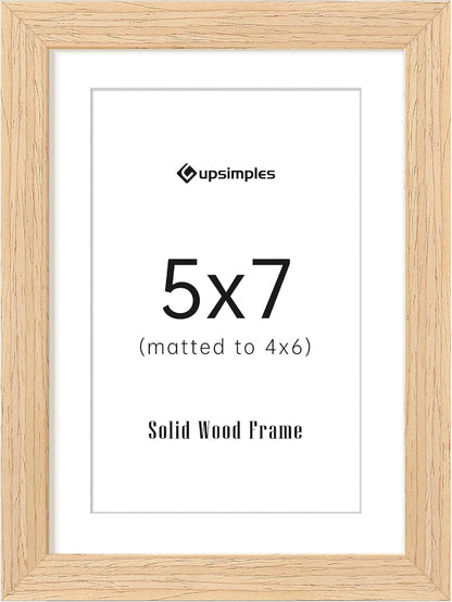 upsimples 5x7 Picture Frame, Natural Solid Wooden Picture Frames, Display 4x6 with Mat or 5 x 7 Without Mat, Wall or Tabletop, 1 Pack, Natural