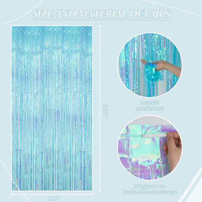 3 Pack Foil Fringe Backdrop - Transparent Blue Shiny Tinsel Curtains for Party Decoration/Photo Booth Props - 3.3x8.2FT Metallic Foil Backdrop for Birthday, Wedding, Graduation, Christmas