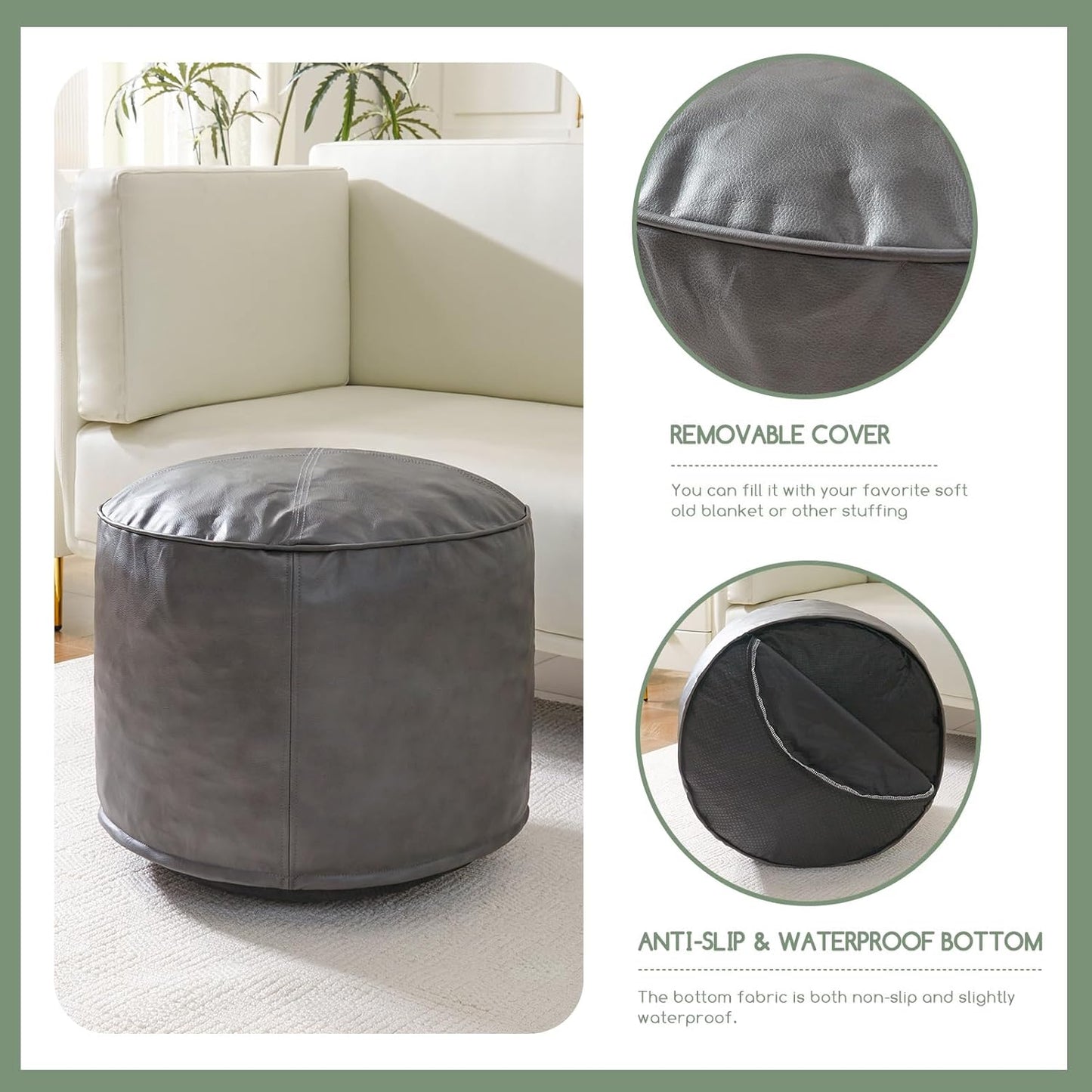 HIGOGOGO Round Stuffed Pouf Ottoman, Pu Leather Poufs with Foam Chunk Filling Foot Stool Storage Ottoman, 26 X 18 Floor Poufs Foot Rest for Living Room, Grey