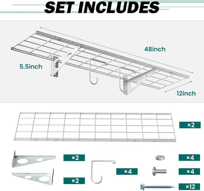 EVERHANGER Garage Wall Shelves, 12 X 48 Inch Wall Mounted Storage Shelves, Heavy Duty Metal Shelving with Hooks, 2 Pack, White