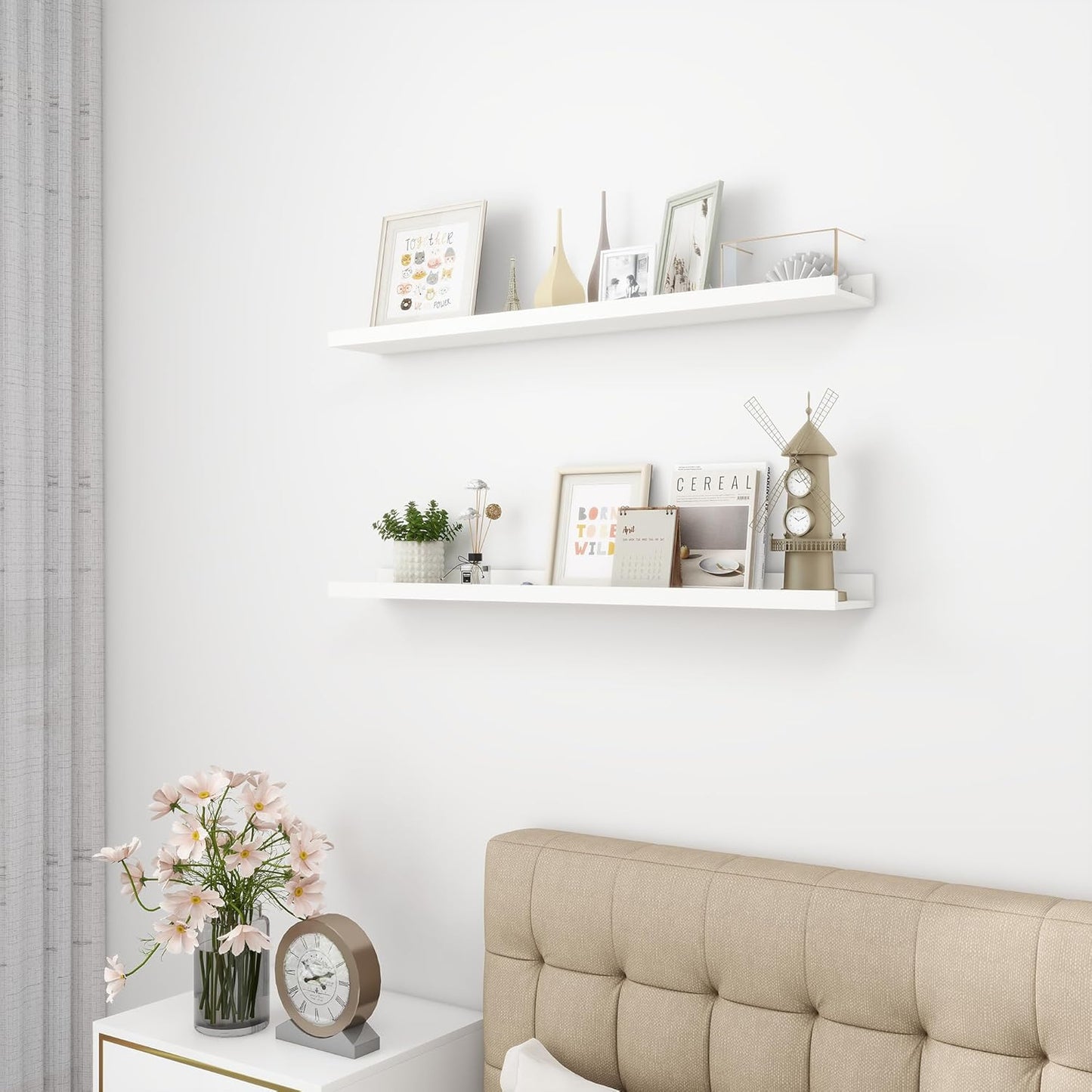Picture Ledge Shelf, Wood Floating Shelves Set of 2, 36 inch Picture Ledge Shelves, Photo Ledge Nursery Book Shelves Wall Mounted for Living Room Kids' Room Bedroom, Color White