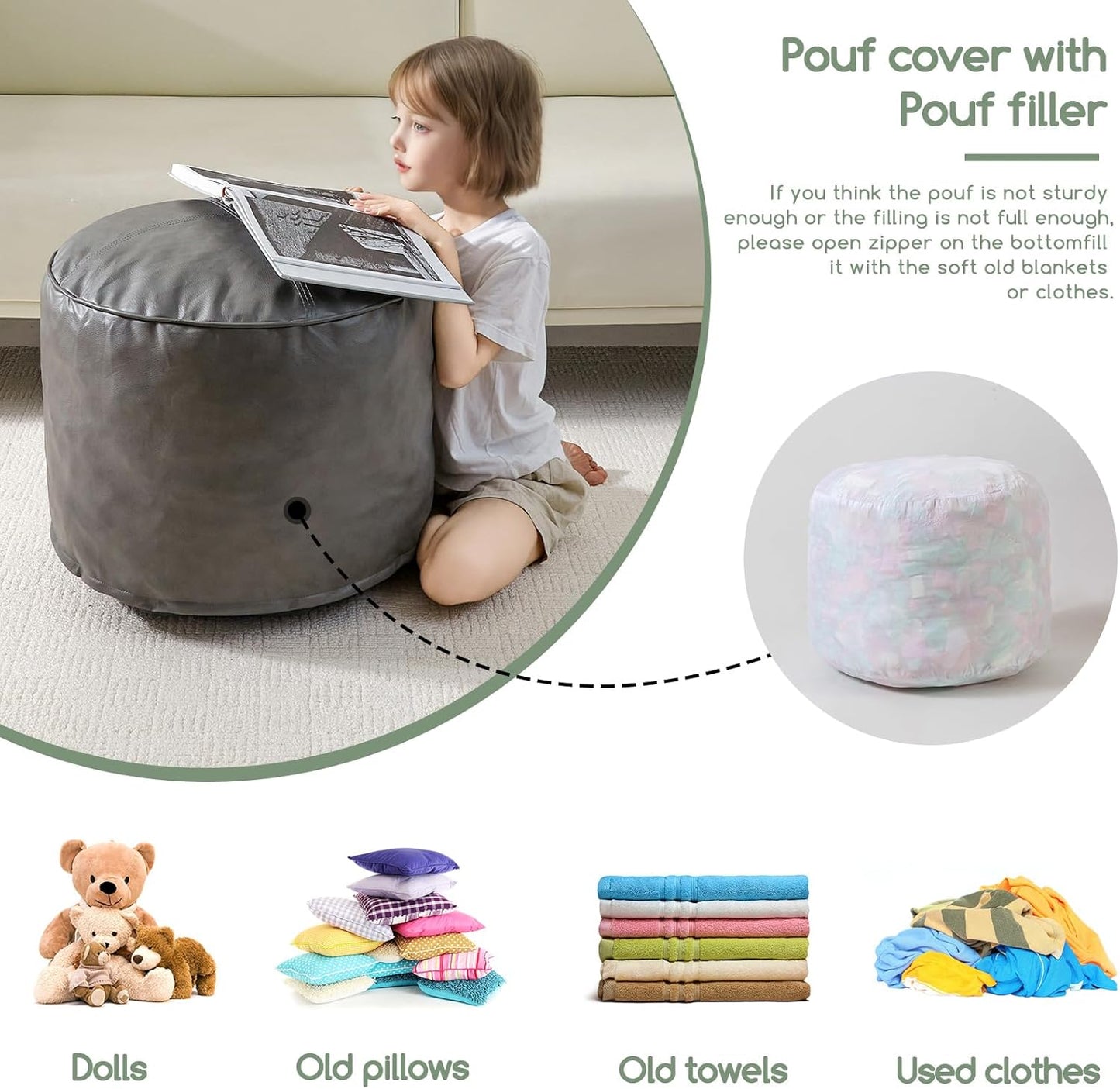 HIGOGOGO Round Stuffed Pouf Ottoman, Pu Leather Poufs with Foam Chunk Filling, Furry and Fluffy Pouf Foot Stool Storage Ottoman, 20 X 15 Floor Poufs Foot Rest for Living Room, Grey