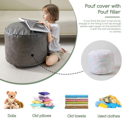 HIGOGOGO Round Stuffed Pouf Ottoman, Pu Leather Poufs with Foam Chunk Filling, Furry and Fluffy Pouf Foot Stool Storage Ottoman, 20 X 15 Floor Poufs Foot Rest for Living Room, Grey