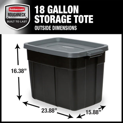 Rubbermaid Roughneck Tote 18 Gal, 6 Pack, Made in USA, Black & Gray, Rugged Plastic Stackable Storage Bins with Lids and Handles