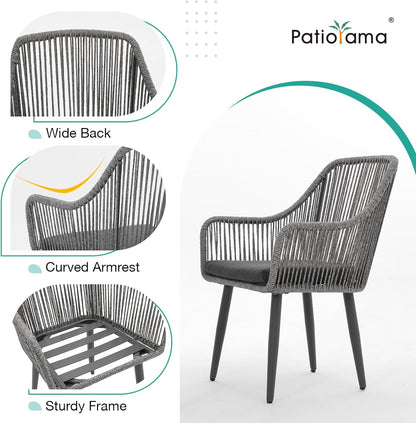 Patiorama Outdoor Dining Chairs, Patio Dining Chair Set of 2, All-Weather Woven Rope Rattan Chairs, Outdoor Dining Wicker Chairs with Armrests for Indoor Balcony Pool Backyard(Gray)