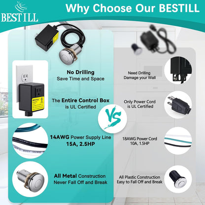 BESTILL Garbage Disposal Air Switch Kit - UL Listed, Brass 2.95" Short Sink Top On/Off Switch Button for Food Waste Disposer, Chrome, Compatible with all Garbage Disposals