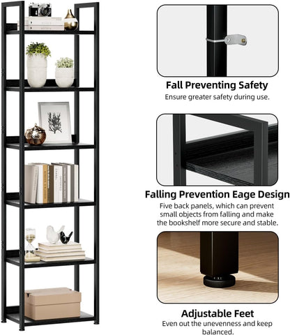 NUMENN Narrow Bookshelf, 6 Tier Bookshelves, Home Office Bookcase Shelf Storage Organizer, Free Standing Storage Shelving Unit for Bedroom, Living Room and Home Office, Black