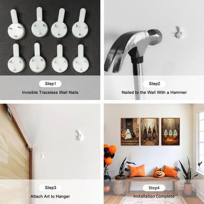 HLNIUC Framed Halloween Canvas Wall Art,Dark Witch Crow Raven Prints,Black Cat Decor,Horror Gothic Ghost Pictures Set of 3 (16"X24") Scary Pumpkin Wall Decor for Party Living Room Bedroom Decoration