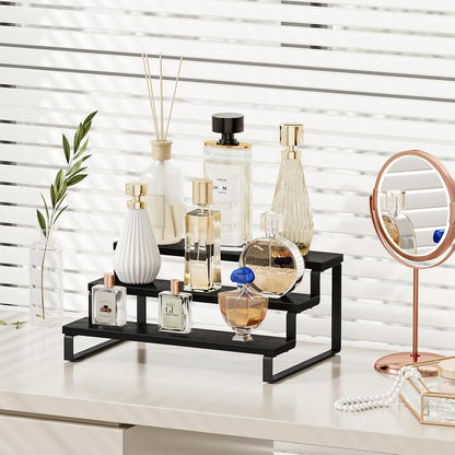 Giikin 3 Tier Spice Rack, Set of 2 Wooden Spice Rack for Countertop, Cabinet Organizer Shelf Kitchen Counter Storage Shelves Cupcake Stand Holder Display Stand, Black