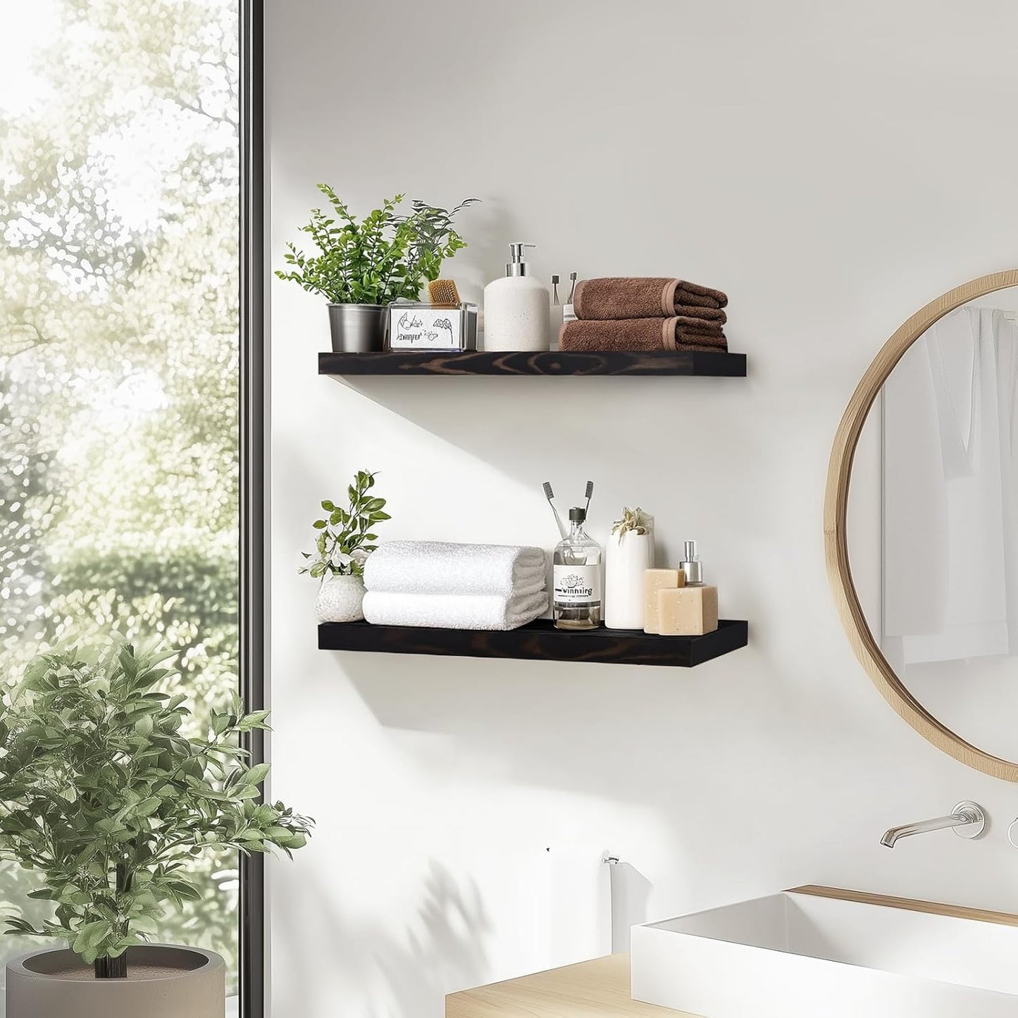 Floating Wall Shelves - 16"x6.8"x1.2" Sturdy Rustic Black Solid Wood Shelves for Storage and Décor, Easy Installation for Living Room, Bedroom, and Kitchen - 2 Pack