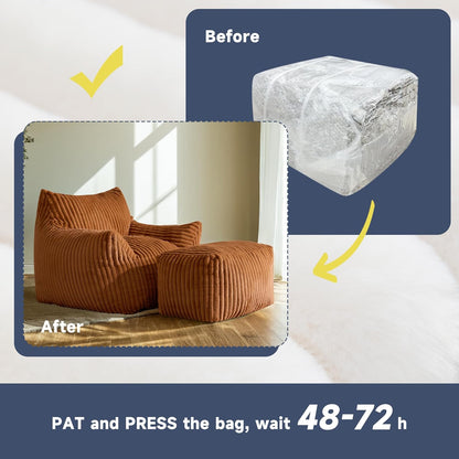 Giant Bean Bag Chairs for Adults, Oversized Chaise Lounge Chair Indoor with Memory Foam - Plush Boneless Lounger & Ottoman for Bedroom, Living Room, Gaming & Reading, Lazy Floor Sofa Chair, Orange