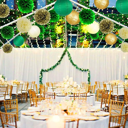 Green Gold Party Decorations, Hanging Paper Lanterns and Pom Poms Flowers for Woodland Baby Shower Graduation Green Birthday Party Decor 15PCS