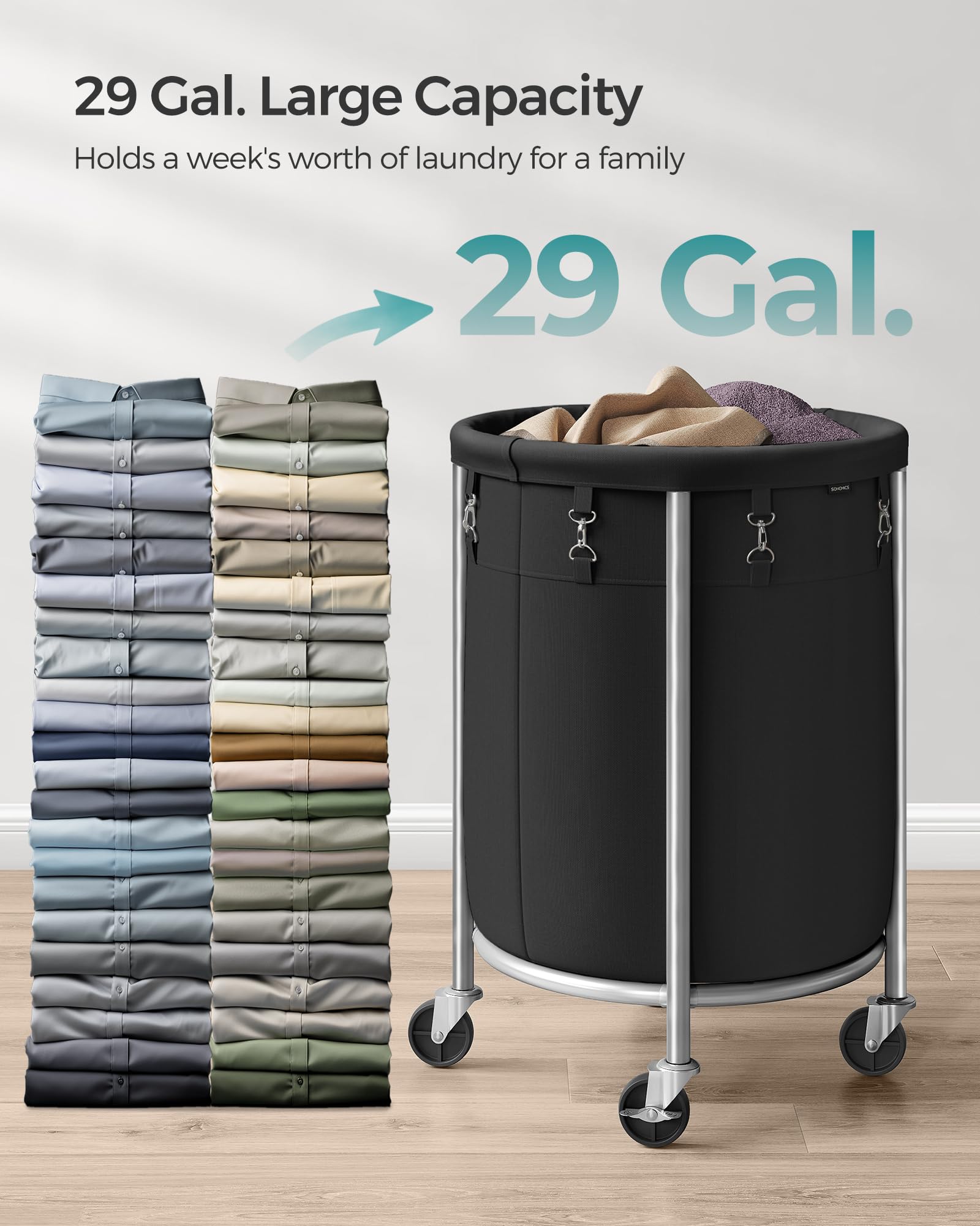 SONGMICS Laundry Basket, Rolling Steel Frame with 2 Locking Wheels, 110 L