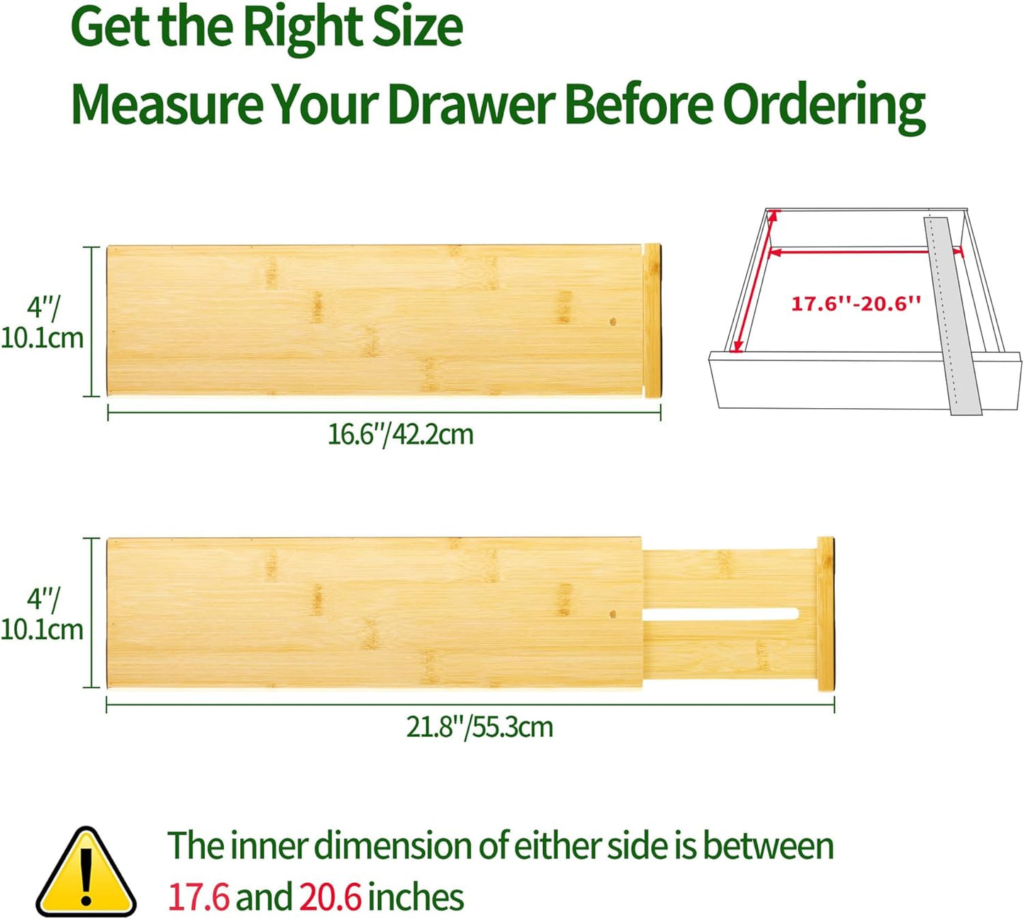 VaeFae 3 Pack Bamboo Drawer Dividers, 4" High Adjustable 16.6" - 21.8" Clothes Drawer Organizers, Expandable Separators for Bedroom/Bathroom/Kitchen/Office Storage