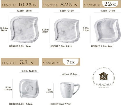 MALACASA Marble Grey Dinnerware Sets, 30-Piece Porcelain Dinnerware Set, Modern Plates and Bowls Set with Dinner Plate, Dessert Plate and Salad Pasta Bowl, Cup and Saucer, Service for 6, Series Elvira