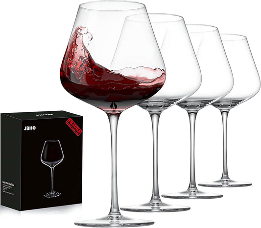 JBHO Set of 4-21 Ounce Hand Blown Italian Style Crystal Burgundy Wine Glasses - Lead-Free Premium
