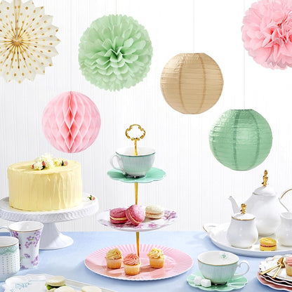Sage-Green Pink-Champagne Party-Decorations Streamers Lanterns - 14pcs Neutral Baby Shower Paper Fan,Tissue Pom Poms,Honeycomb Balls,Boho Wedding Engagement Bachelorette Birthday Bridal Decor Ouruola