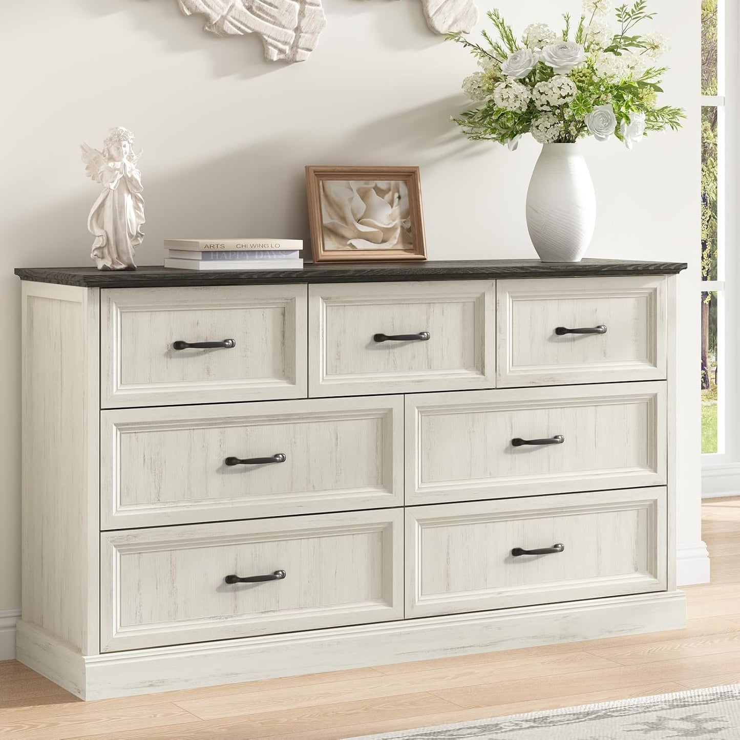 Farmhouse 7 Drawer Dresser for Bedroom, 55 Inch Wide Modern White Dresser TV Stand with Large Drawers & Bar Handles, Rustic Wood Chest of Drawers for Bedroom, Living Room, Hallway, Entryway.
