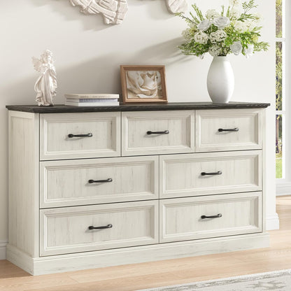Farmhouse 7 Drawer Dresser for Bedroom, 55 Inch Wide Modern White Dresser TV Stand with Large Drawers & Bar Handles, Rustic Wood Chest of Drawers for Bedroom, Living Room, Hallway, Entryway.