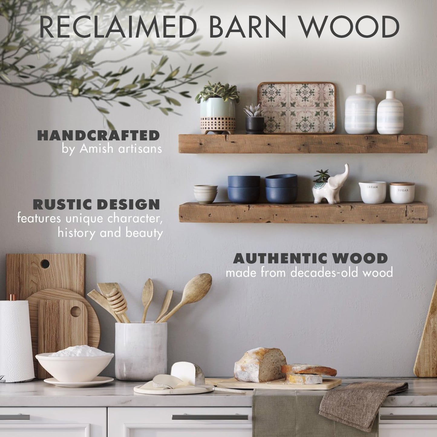 Urban Legacy Reclaimed Barnwood Planks | Floating Shelves for Wall w/Flush Mount Shelf Bracket Set Included | Set of 2 (Natural, 30"x7"x 2")