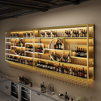 63in Wall Mounted Wine Rack, Modern Metal Wine Bottle and Glass Holder, Iron Display Stand Decorative Wine Rack, for Bar Living Room Dining Room Background (Gold, 63 * 8 * 51INCHES)