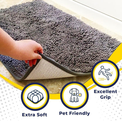 Muddy Mat® 4-Piece Grey Medium 30"X19" AS-SEEN-ON-TV Highly Absorbent Microfiber Door Mat, Bath Mat and Pet Rug, Non Slip Thick Washable, Soft Chenille for Kitchen Bathroom Bedroom Indoor and Outdoor