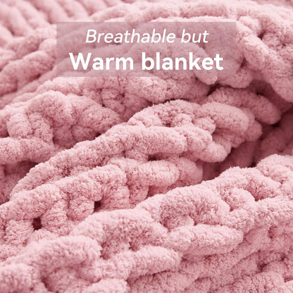Chunky Knit Throw Blanket, 60''*80'' Knitted Throw Chenille Yarn for Bed Couch, Handmade Light Pink Crochet Big Thick Blanket, Machine Washable Cute Comfy Blanket for Home Decor