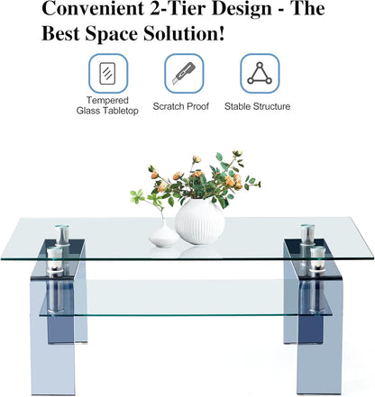 Glass Coffee Table Rectangle Living Room Center Table with Storage, Clear Tempered Glass Tabletop and Smoke Grey Leg,for Living Room and Office (Clear+Smoke)