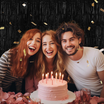 3 Pack Foil Fringe Backdrop - Black Shiny Tinsel Curtains for Party Decoration/Photo Booth Props - 3.3x8.2 FT Metallic Foil Backdrop for Birthday, Wedding, Graduation, Christmas.