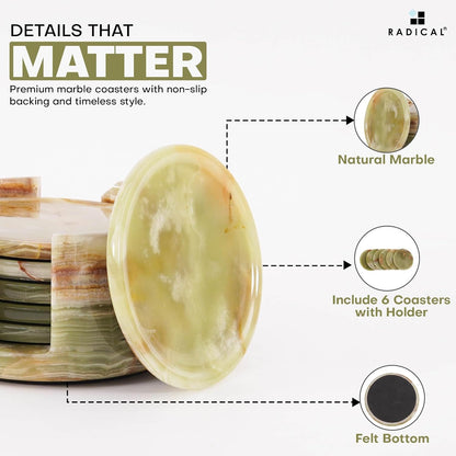 Marble Coasters Set of 6 Green Onyx 3.5 Inch Round Coaster for Drinks with Holder, Drink Coaster for Tabletop & Coffee Table Decor, Ideal Home Decor House Warming Gifts