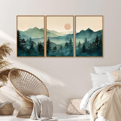 SIGNINART Large Mountain Framed Canvas Wall Art Set, Abstract Misty Forest Wall Decor, Foggy Nature Pine Tree Wall Painting, Modern Boho Sunrise Art Prints for Bedroom Living Room and Office 24"x36"x3