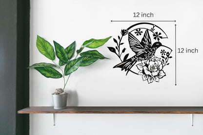 SHIMANY Black Metal Wall Art - Hummingbird Hanging Wall Sculpture with Floral Design for Bedroom, Living Room, or Reading Nook - Botanical Accent