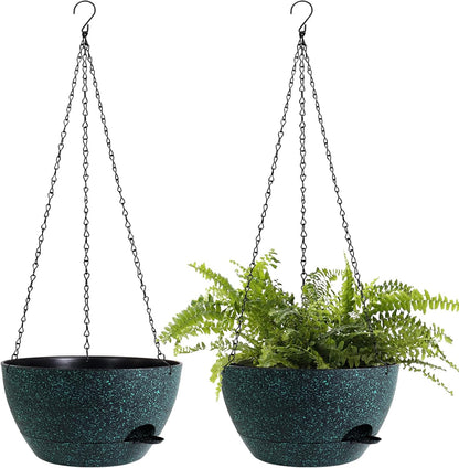 12 Inch Hanging Baskets 2 PC with Chains, Self-Watering Hanging Planters for Indoor Outdoor Plants, Plastic Hanging Flower Pots, Black with Green Speckles